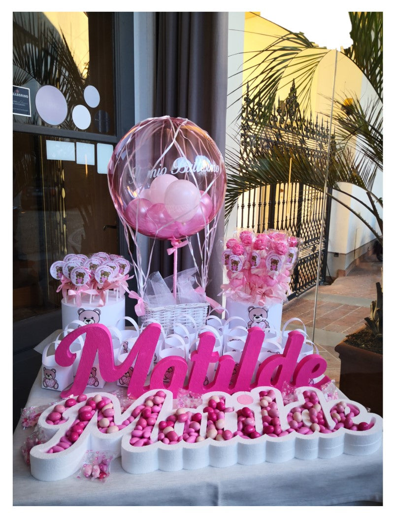 Lettera Iniziale Glitter Fucsia e Nome in Polistirolo